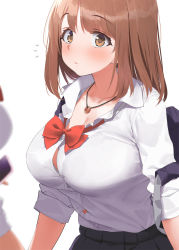 Rule 34 | 2girls, bow, bowtie, breasts, brown eyes, brown hair, button gap, collarbone, jewelry, kaisen chuui, large breasts, looking at viewer, multiple girls, necklace, original, red neckwear, school uniform, short hair, simple background, white background