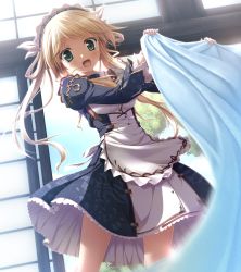 Rule 34 | 1girl, :d, apron, blonde hair, blush, breasts, chrono clock, dorothy davenport, floating hair, frilled apron, frills, game cg, green eyes, highres, holding, indoors, koku, long hair, maid, maid headdress, medium breasts, official art, open door, open mouth, smile, solo, standing, tsukimori hiro, twintails, white apron