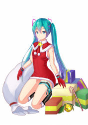 Rule 34 | 1girl, black footwear, blue eyes, blue hair, boots, box, capelet, dress, full body, fur trim, gift, gift bag, gift box, gloves, hair between eyes, hair ornament, hatsune miku, highres, knee boots, kneeling, long hair, panties, pantyshot, red capelet, red dress, red gloves, santa costume, short dress, simple background, sleeveless, sleeveless dress, smile, solo, star (symbol), striped clothes, striped panties, thigh strap, twintails, underwear, very long hair, vocaloid, white background, white panties, zuiai gongzhu dianxia