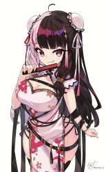 Rule 34 | 1girl, :q, ahoge, animal print, bell, belt, black hair, black panties, black ribbon, black thighhighs, breasts, bun cover, chest strap, china dress, chinese clothes, cleavage, clothing cutout, double bun, dress, folded fan, folding fan, hair bell, hair bun, hair ornament, hair ribbon, hand fan, highres, holding, holding fan, jingle bell, lace, lace-trimmed dress, lace trim, large breasts, long hair, looking at viewer, loose belt, multicolored hair, multicolored ribbon, namiura, navel cutout, nijisanji, panties, pelvic curtain, print dress, rabbit print, red eyes, red hair, ribbon, side-tie panties, side slit, simple background, solo, split-color hair, streaked hair, string panties, thighhighs, tongue, tongue out, twitter username, two-tone hair, underwear, very long hair, virtual youtuber, white background, white dress, white hair, yorumi rena, yorumi rena (10th costume)
