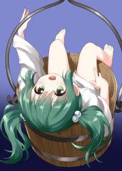 Rule 34 | 1girl, bare legs, barefoot, bottomless, bucket, commentary request, feet, gradient background, green eyes, green hair, hair bobbles, hair ornament, highres, in bucket, in container, japanese clothes, kisume, long hair, long sleeves, looking at viewer, lying, on back, one-hour drawing challenge, open mouth, purple background, ruu (tksymkw), sitting, smile, solo, touhou, twintails, upside-down, wooden bucket