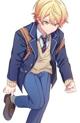 Rule 34 | 1boy, adjusting footwear, backpack, bag, blazer, blonde hair, blue pants, brown footwear, buttons, ceiling39, clenched hand, closed mouth, collared shirt, diagonal-striped clothes, diagonal-striped necktie, gradient hair, grey socks, highres, jacket, kamiyama high school uniform (project sekai), lapels, long sleeves, male focus, multicolored hair, necktie, notched lapels, open clothes, open jacket, orange eyes, orange hair, pants, project sekai, school uniform, shirt, short hair, simple background, socks, solo, striped clothes, sweater, tenma tsukasa, white background, yellow sweater
