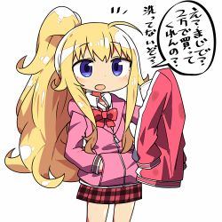 Rule 34 | 10s, 1girl, ahoge, alternate hairstyle, blonde hair, blue eyes, commentary, cowboy shot, dirty, dirty clothes, gabriel dropout, hand in pocket, holding, holding clothes, holding jacket, jacket, kanikama, long hair, lowres, plaid, plaid skirt, ponytail, red skirt, school uniform, simple background, skirt, solo, speech bubble, gabriel tenma white, track jacket, translated, white background