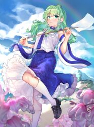 Rule 34 | 1girl, bare shoulders, black footwear, blue skirt, closed mouth, day, detached sleeves, flower, foot out of frame, frilled skirt, frills, frog hair ornament, gohei, green eyes, green hair, hair ornament, hair tubes, highres, holding, holding gohei, japanese clothes, kochiya sanae, long hair, nontraditional miko, outdoors, pink flower, shoes, skirt, smile, snake hair ornament, socks, solo, standing, standing on one leg, touhou, unconnected marketeers, wankosoba (wanwan soba), white sleeves, white socks, wide sleeves