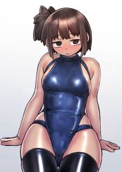 Rule 34 | 1girl, @ @, arm support, black thighhighs, blush, brown eyes, brown hair, closed mouth, competition swimsuit, cowboy shot, embarrassed, grey background, highres, kilye kairi, latex, latex legwear, looking at viewer, multi-strapped swimsuit, nose blush, one-piece swimsuit, original, short hair, simple background, sitting, solo, swimsuit, thighhighs, white background, wide face
