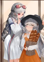 Rule 34 | 2girls, absurdres, adjusting clothes, adjusting headwear, azur lane, bad id, bad pixiv id, bag, baguette, bandaged neck, bandages, black-framed eyewear, black headwear, blue nails, blush, bread, butterfly hair ornament, closed mouth, commentary, crossover, dokomon, dress, drill hair, dunkerque (afternoon venus) (azur lane), dunkerque (azur lane), eyewear on head, food, girls&#039; frontline, grey eyes, grey hair, hair between eyes, hair ornament, hand up, highres, holding, holding bag, long hair, long sleeves, multiple girls, nail polish, official alternate costume, orange dress, paper bag, pleated dress, red-tinted eyewear, red eyes, ribeyrolles (girls&#039; frontline), shirt, smile, sunglasses, symbol-only commentary, tinted eyewear, very long hair, white dress, white shirt, wide sleeves