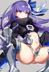 Rule 34 | 10s, 1girl, ass, blue eyes, breasts, cape, fate/extra, fate/extra ccc, fate (series), grey background, light smile, long hair, looking at viewer, meltryllis (fate), navel, object insertion, purple hair, simple background, small breasts, solo, spikes, spread legs, squatting, suurin (ksyaro), thighs, vaginal, vaginal object insertion, very long hair