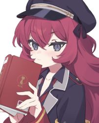 Rule 34 | 1girl, black eyes, black hat, black jacket, black shirt, blue archive, blush, book, closed mouth, collared shirt, hakuhatsu, hands up, hat, holding, holding book, iroha (blue archive), jacket, long hair, long sleeves, peaked cap, red hair, shirt, solo, upper body, v-shaped eyebrows, white background