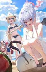 Rule 34 | 4girls, absurdres, akari (blue archive), doodle sensei (blue archive), baseball bat, beach, bikini, black bikini, blindfold, blue archive, blue one-piece swimsuit, blue sky, breasts, cloud, collarbone, curled horns, day, demon wings, food, fruit, gourmet research society (blue archive), grey hair, halo, hand on own face, haruna (blue archive), haruna (swimsuit) (blue archive), highres, holding, holding baseball bat, horns, izumi (blue archive), izumi (swimsuit) (blue archive), junko (blue archive), large breasts, long hair, multiple girls, name tag, navel, ocean, one-piece swimsuit, open mouth, outdoors, rahy, red bikini, red eyes, red hair, sand, school swimsuit, sensei (blue archive), single wing, sky, smile, squatting, stomach, suikawari, swimsuit, twintails, watermelon, white bikini, wings