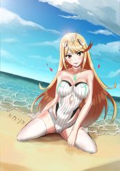 Rule 34 | 1girl, absurdres, aerbeisi2012, armor, beach, blonde hair, breasts, cleavage, earrings, gem, headpiece, highres, jewelry, large breasts, long hair, looking at viewer, mythra (radiant beach) (xenoblade), mythra (xenoblade), nintendo, ocean, one-piece swimsuit, simple background, smile, solo, swept bangs, swimsuit, tiara, water, xenoblade chronicles (series), xenoblade chronicles 2, yellow eyes