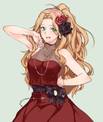 Rule 34 | 1girl, :d, ahoge, arm up, blonde hair, blush, breasts, commentary request, dress, fingernails, flower, forehead, green eyes, hair flower, hair ornament, hairband, idolmaster, jewelry, k52, long hair, looking at viewer, necklace, nikaidou chizuru, open mouth, parted bangs, pink hairband, ponytail, red dress, simple background, sleeveless, sleeveless dress, smile, solo, standing