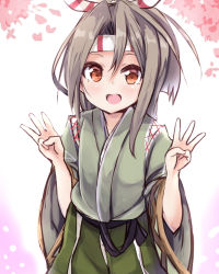 Rule 34 | 10s, 1girl, amano kouki, blush, brown eyes, brown hair, flat chest, hachimaki, headband, high ponytail, highres, japanese clothes, kantai collection, light brown hair, long hair, looking at viewer, muneate, open mouth, ponytail, smile, solo, w, wide sleeves, zuihou (kancolle)