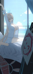 Rule 34 | 1boy, 1girl, absurdres, doodle sensei (blue archive), asuna (blue archive), bed, blonde hair, blue archive, breasts, closed eyes, cloud, cloudy sky, condom box, hair ornament, halo, highres, implied after sex, large breasts, long hair, morning, pla0658, rabbit hair ornament, sensei (blue archive), sky, stretching, unbuttoned, unbuttoned shirt, very long hair, waking up