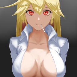 Rule 34 | 1girl, blonde hair, breasts, breasts apart, candy, center opening, food, grey background, guilty gear, hair between eyes, jack-o&#039; valentine, large breasts, lollipop, long hair, looking at viewer, multicolored hair, no bra, portrait, red eyes, red hair, simple background, smile, solo, two-tone hair, upper body