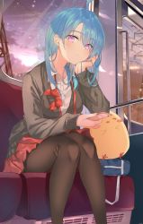 Rule 34 | 1girl, absurdres, airpods, azur lane, black cardigan, blue hair, blush, bow, breasts, cardigan, cellphone, collared shirt, commentary, english commentary, expressionless, hair behind ear, hand on own head, helena (azur lane), highres, holding, holding phone, leggings, looking down, medium breasts, pantyhose, phone, power lines, purple eyes, red bow, red skirt, school uniform, shirt, sitting, skirt, smartphone, solo, sunset, train interior, vayneeeee, white shirt, wireless earphones
