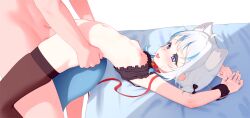 Rule 34 | 1boy, 1girl, absurdres, animal ear fluff, animal ears, arms up, bed, blue eyes, blue hair, blush, breasts, cat ears, collar, cuffs, fins, fish tail, gawr gura, highres, hololive, hololive english, low twintails, lucasyecla99, medium hair, multicolored hair, nail polish, navel, nipples, sex, shackles, shark girl, shark tail, small breasts, streaked hair, tail, thighhighs, tongue, tongue out, twintails, two-tone hair, virtual youtuber, white background, white hair