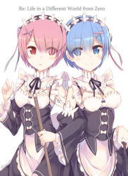 Rule 34 | 10s, 2girls, apron, blue eyes, blue hair, blush, bow, breasts, cleavage, copyright name, detached sleeves, dress, english text, eyes visible through hair, frilled sleeves, frills, hair ornament, hair over one eye, holding, locked arms, looking at another, maid, maid headdress, medium breasts, multiple girls, neck ribbon, parted lips, pink eyes, pink hair, ram (re:zero), re:zero kara hajimeru isekai seikatsu, rem (re:zero), rento (rukeai), ribbon, ribbon-trimmed clothes, ribbon trim, short hair, siblings, simple background, sisters, small breasts, smile, twins, twitter username, underbust, white background, x hair ornament