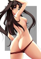 Rule 34 | 1girl, alternate costume, arm up, armpits, ass, back, bikini, black hair, black ribbon, blue eyes, breasts, butt crack, closed mouth, commission, cowboy shot, fate/stay night, fate (series), from behind, hair ribbon, highres, long hair, looking at viewer, looking back, nipples, red bikini, ribbon, small breasts, smile, solo, swimsuit, tohsaka rin, tony guisado, topless, two side up