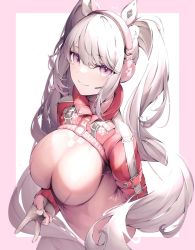 Rule 34 | 1girl, alice (nikke), animal ears, aoi gorilla, breasts, curvy, dress, gloves, goddess of victory: nikke, headphones, highres, large breasts, looking at viewer, pink dress, pink eyes, rabbit ears, skin tight, spandex, sportswear, tight clothes, v, white hair