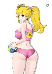 Rule 34 | 1girl, artist name, ass, ball, blonde hair, blue eyes, breasts, gummslime, highres, holding, holding ball, large breasts, legs, looking at viewer, looking back, mario (series), midriff, nintendo, pink lips, ponytail, princess, princess peach, shorts, sideboob, solo, super mario bros. 1, tank top, thighs, volleyball (object)