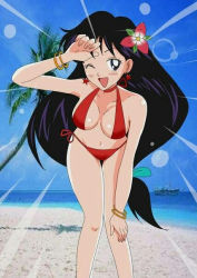 Rule 34 | 1girl, arm on knee, artist request, beach, bikini, bishoujo senshi sailor moon, black hair, blue sky, blush, boat, bracelet, breasts, colored skin, day, earrings, fangs, flower, hair flower, hair ornament, hand on forehead, hino rei, jewelry, leaning forward, long hair, looking at viewer, medium breasts, ocean, one eye closed, open clothes, open hand, palm tree, photo background, red bikini, sailor mars, sand, side-tie bikini bottom, sky, solo, source request, standing, swimsuit, tree, tree s, tree shade, very long hair, watercraft, white skin
