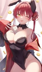 Rule 34 | 1girl, animal ears, bare shoulders, between breasts, black coat, black leotard, breasts, rabbit ears, cleavage, closed mouth, coat, coin, covered navel, cowboy shot, detached collar, fake animal ears, frills, groin, hair ribbon, hand up, highleg, highleg leotard, highres, hololive, houshou marine, kinako (shiratama mochi), large breasts, leotard, long hair, long sleeves, looking at viewer, money, off shoulder, one eye closed, open clothes, open coat, playboy bunny, red hair, ribbon, smile, solo, strapless, strapless leotard, thighs, tongue, tongue out, twintails, virtual youtuber, yellow eyes