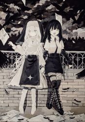 Rule 34 | 2girls, boots, brick wall, closed eyes, closed mouth, cloud, collared shirt, cross, cross necklace, curly hair, dot mouth, dress, expressionless, falling feathers, feathers, fishnets, garter straps, graveyard, gun, habit, hand up, handgun, holding hands, jewelry, long hair, long sleeves, monochrome, mukoto muku, multiple girls, necklace, nun, open mouth, original, outdoors, paper, railing, revolver, shirt, sidelocks, skirt, standing, tombstone, weapon, white hair, yuri