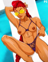 Rule 34 | 1girl, abs, armband, braid, braided ponytail, breasts, capcom, crimson viper, dark-skinned female, dark skin, earrings, fishnets, gluteal fold, highres, jewelry, legs, nail polish, navel, nipples, pompadour, ponpu (pumpkinsinclair), pool, red hair, see-through, shiny skin, smile, street fighter, street fighter iv (series), sunglasses, sweat, swimsuit, thighs, toned, topless, wet