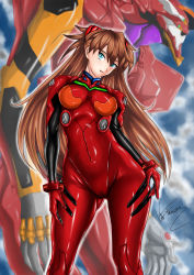 Rule 34 | 1girl, absurdres, artist request, blush, bodysuit, breasts, brown hair, cameltoe, curvy, eva 02, hair between eyes, hand on own hip, highres, interface headset, lips, long hair, looking at viewer, mecha, medium breasts, neon genesis evangelion, plugsuit, red bodysuit, robot, shiny clothes, simple background, souryuu asuka langley, two side up, very long hair, wide hips