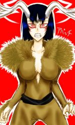 Rule 34 | 1girl, angry, antlers, arrancar, bleach, blue hair, bob cut, character name, clenched teeth, emilou apacci, facial mark, fur, horns, red background, red eyes, resurreccion, rukino (exactement), short hair, simple background, single horn, sketch, teeth