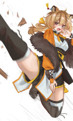 Rule 34 | 1girl, absurdres, animal ear fluff, animal ears, arknights, black footwear, black shorts, blush, boots, breasts, brown eyes, brown hair, character request, dress, fang, flying kick, hair between eyes, hand up, highres, kaguura (kagu), kicking, long sleeves, open mouth, pelvic curtain, puffy long sleeves, puffy sleeves, short shorts, shorts, shorts under dress, small breasts, solo, speed lines, thigh boots, thighhighs, thighhighs under boots, white background, white dress, white thighhighs
