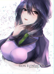 Rule 34 | 00s, 1girl, artist name, black eyes, breast hold, breasts, capelet, character name, cunnilingus gesture, fate/grand order, fate (series), green necktie, hand on own chin, hat, highres, kojima (blue stardust), large breasts, looking at viewer, melty blood, necktie, open mouth, purple hair, short hair, sion eltnam atlasia, solo, tsukihime, upper body
