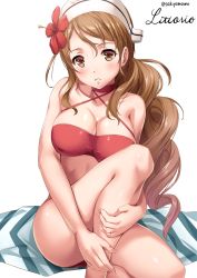 Rule 34 | 10s, 1girl, :o, alternate costume, artist name, bare arms, bare legs, bare shoulders, bikini, blush, breasts, brown eyes, brown hair, character name, choker, collarbone, criss-cross halter, cursive, fingernails, flower, hair flower, hair ornament, halterneck, hat, hibiscus, kantai collection, knee up, large breasts, littorio (kancolle), long hair, looking at viewer, parted lips, red bikini, sakiyamama, signature, simple background, solo, swimsuit, teeth, twitter username, white background, white hat
