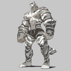 Rule 34 | 1boy, arknights, bara, black shorts, bulge, furry, furry male, highres, korean commentary, large pectorals, male focus, mountain (arknights), muscular, muscular male, pectorals, scar, scar across eye, scar on arm, scar on face, short shorts, shorts, tiger boy, tiger stripes, topless male, white fur, wincalblanke