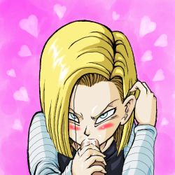 Rule 34 | 1girl, android 18, blonde hair, blush, dragon ball, dragonball z, fellatio, lowres, oral, uncensored