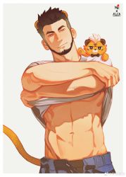 Rule 34 | 1boy, abs, absurdres, alca (wakatanka4), animal ears, bara, beard, black hair, black male underwear, bright pupils, clothes lift, creature, creature on shoulder, dailang12345, facial hair, gyee, head tilt, highres, lifted by self, lion boy, lion ears, lion tail, looking at viewer, male focus, male underwear, male underwear peek, mature male, muscular, muscular male, navel, on shoulder, open pants, original, pants, seductive smile, shirt, shirt lift, short hair, smile, solo, stomach, tail, tail raised, thick eyebrows, underpec, underwear, waving, white shirt