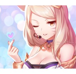 Rule 34 | 1girl, ahri (league of legends), artist name, bare shoulders, blush, breasts, brown eyes, choker, cleavage, collarbone, commentary, facial mark, fingernails, hand up, headset, heart, k/da (league of legends), k/da ahri, league of legends, light brown hair, long hair, looking at viewer, medium breasts, nail polish, one eye closed, pink nails, purple choker, rimuu, slit pupils, solo, watermark, web address, whisker markings