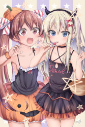 Rule 34 | 2girls, :d, artist name, basket, black hairband, blonde hair, blue eyes, blush, bow, brown eyes, brown hair, candy, clothes writing, collarbone, cowboy shot, dark-skinned female, dark skin, dated, demon horns, fang, food, grecale (kancolle), hair between eyes, hair bow, hairband, halloween, halloween costume, highres, holding, holding food, horns, kantai collection, libeccio (kancolle), lollipop, long hair, makina00, multiple girls, open mouth, orange skirt, pink bow, signature, skin fang, skirt, smile, star (symbol), star print, tongue, tongue out, twintails