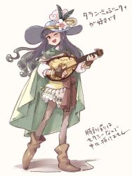 Rule 34 | 1girl, bangle, bard, black gloves, black hair, black pantyhose, blue hat, blunt bangs, blush, boots, bracelet, brooch, brown footwear, brown sash, cape, fingerless gloves, floating hair, flower, fujii tomo, full body, gloves, green cape, grey background, hat, hat feather, hat flower, heel up, highres, holding, holding instrument, idolmaster, idolmaster cinderella girls, imay3927, instrument, instrument request, jewelry, long hair, long sleeves, looking at viewer, one eye closed, open mouth, pantyhose, simple background, smile, solo, standing, translation request, v-shaped eyebrows, white flower, white tunic, wide brim, yellow eyes