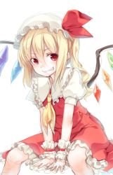 Rule 34 | 1girl, ascot, between legs, blonde hair, blush, bow, flandre scarlet, hair between eyes, hand between legs, hat, hat bow, highres, looking at viewer, mob cap, oborofu, puffy short sleeves, puffy sleeves, red bow, red eyes, red skirt, short sleeves, side ponytail, simple background, sitting, skirt, skirt set, smile, solo, touhou, white background, white hat