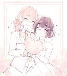 Rule 34 | 2girls, ^ ^, atelier live, black hair, bouquet, bow, bride, closed eyes, commentary, dress, elbow gloves, english commentary, flower, formal, glasses, gloves, hair behind ear, hair bow, highres, holding, holding bouquet, indie virtual youtuber, klaeia (vtuber), limited palette, medium hair, multiple girls, open mouth, round eyewear, short hair, side ponytail, sleeveless, sleeveless dress, suit, virtual youtuber, wedding dress, weeniedesu, weeniedesu (vtuber), white bow, white dress, white suit, yuri