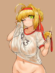 Rule 34 | 1girl, ahoge, blonde hair, bottomless, breasts, fate/grand order, fate (series), green eyes, highres, long hair, nero claudius (fate), one eye closed, smile, solo, steamingtofu, sweat