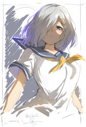 Rule 34 | 10s, 1girl, arms at sides, blue eyes, breasts, hair over one eye, hamakaze (kancolle), isshiki (ffmania7), kantai collection, large breasts, lips, looking at viewer, sailor collar, school uniform, serafuku, serious, short hair, short sleeves, silver hair, sketch, solo, twitter username, upper body
