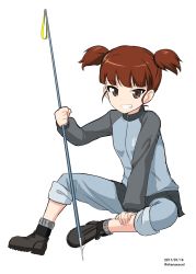 Rule 34 | 10s, 1girl, ankle boots, blue footwear, blue jacket, blue pants, blue skirt, boots, commentary, dated, full body, girls und panzer, grey socks, grin, hair tie, hand on own chest, harpoon, highres, holding, invisible chair, jacket, keizoku military uniform, long sleeves, looking at viewer, mikko (girls und panzer), military, military uniform, miniskirt, one-hour drawing challenge, pants, pants rolled up, pants under skirt, pleated skirt, raglan sleeves, red eyes, red hair, shiina excel, short hair, short twintails, simple background, sitting, skirt, smile, socks, solo, track jacket, track pants, twintails, twitter username, uniform, white background