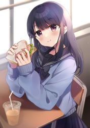 Rule 34 | 1girl, :t, bad id, bad pixiv id, bendy straw, black bow, black hair, black sailor collar, black skirt, blue sweater, blurry, blurry background, blush, bow, brown eyes, chair, closed mouth, commentary request, cup, depth of field, desk, disposable cup, drinking straw, eating, food, highres, holding, holding food, long hair, long sleeves, looking at viewer, minami saki, on chair, original, pleated skirt, puffy long sleeves, puffy sleeves, sailor collar, sandwich, school chair, school desk, school uniform, serafuku, sitting, skirt, sleeves past wrists, solo, sweater, wavy mouth, window