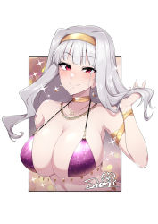 Rule 34 | 1girl, armlet, artist name, bare shoulders, bikini, blunt bangs, blush, border, bracelet, breasts, brown background, cleavage, closed mouth, collarbone, commentary, crescent, crescent earrings, earrings, gradient background, hair intakes, hair lift, hairband, halterneck, hand up, highres, idolmaster, idolmaster (classic), jewelry, large breasts, long hair, looking at viewer, neck ring, necklace, outside border, purple bikini, red eyes, shijou takane, sian, signature, silver hair, skindentation, smile, solo, sparkle, strap gap, swimsuit, upper body, white border, yellow hairband