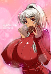 Rule 34 | 1girl, blush, breasts, covered erect nipples, gigantic breasts, gradient background, impossible clothes, impossible shirt, jpeg artifacts, lipstick, long hair, makeup, mouth hold, ponytail, red eyes, red sweater, ribbed sweater, sanskrit, shirt, silver hair, smile, solo, sweater, takahashi record