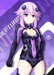 Rule 34 | 1girl, breasts, character name, choujigen game neptune, cleavage, cleavage cutout, clothing cutout, cosplay, dhiparizky, gloves, hair between eyes, hair ornament, highres, leotard, looking at viewer, neon trim, neptune (neptunia), neptune (series), purple eyes, purple hair, purple heart (neptunia), purple heart (neptunia) (cosplay), short hair, sidelocks, small breasts, solo, tagme, thighhighs