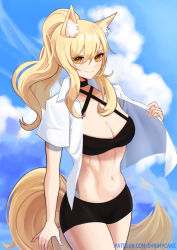 Rule 34 | &gt;:), 1girl, alternate costume, animal ear fluff, animal ears, arknights, black choker, black skirt, blonde hair, blue sky, choker, cloud, commentary, cowboy shot, criss-cross halter, crop top, day, hair between eyes, halterneck, highres, large tail, long hair, looking at viewer, midriff, miniskirt, navel, nearl (arknights), open clothes, open shirt, outdoors, pencil skirt, ponytail, shirt, short sleeves, sidelocks, skirt, sky, smile, solo, standing, stomach, supershrimpcakes, tail, v-shaped eyebrows, white shirt, yellow eyes