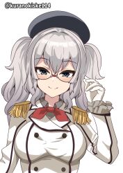 Rule 34 | 1girl, absurdres, black hat, breasts, closed mouth, dot nose, epaulettes, frilled sleeves, frills, glasses, gloves, grey hair, hand up, hat, highres, jacket, kantai collection, kashima (kancolle), kurano kisuke, light smile, long sleeves, looking at viewer, medium breasts, medium hair, one-hour drawing challenge, sidelocks, simple background, solo, twitter username, white gloves, white jacket